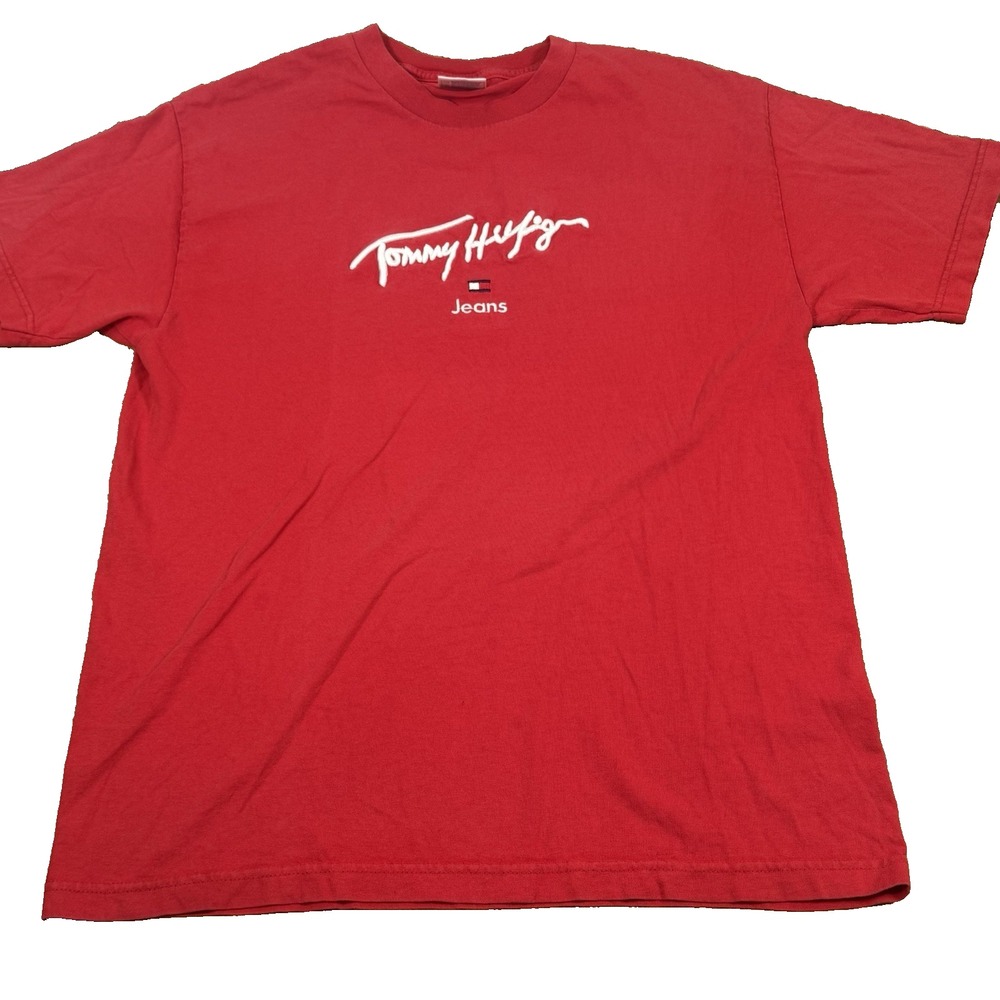 Vintage Tommy Hilfiger Jeans Red Embroidered Logo T-Shirt Size L Alstyle USA